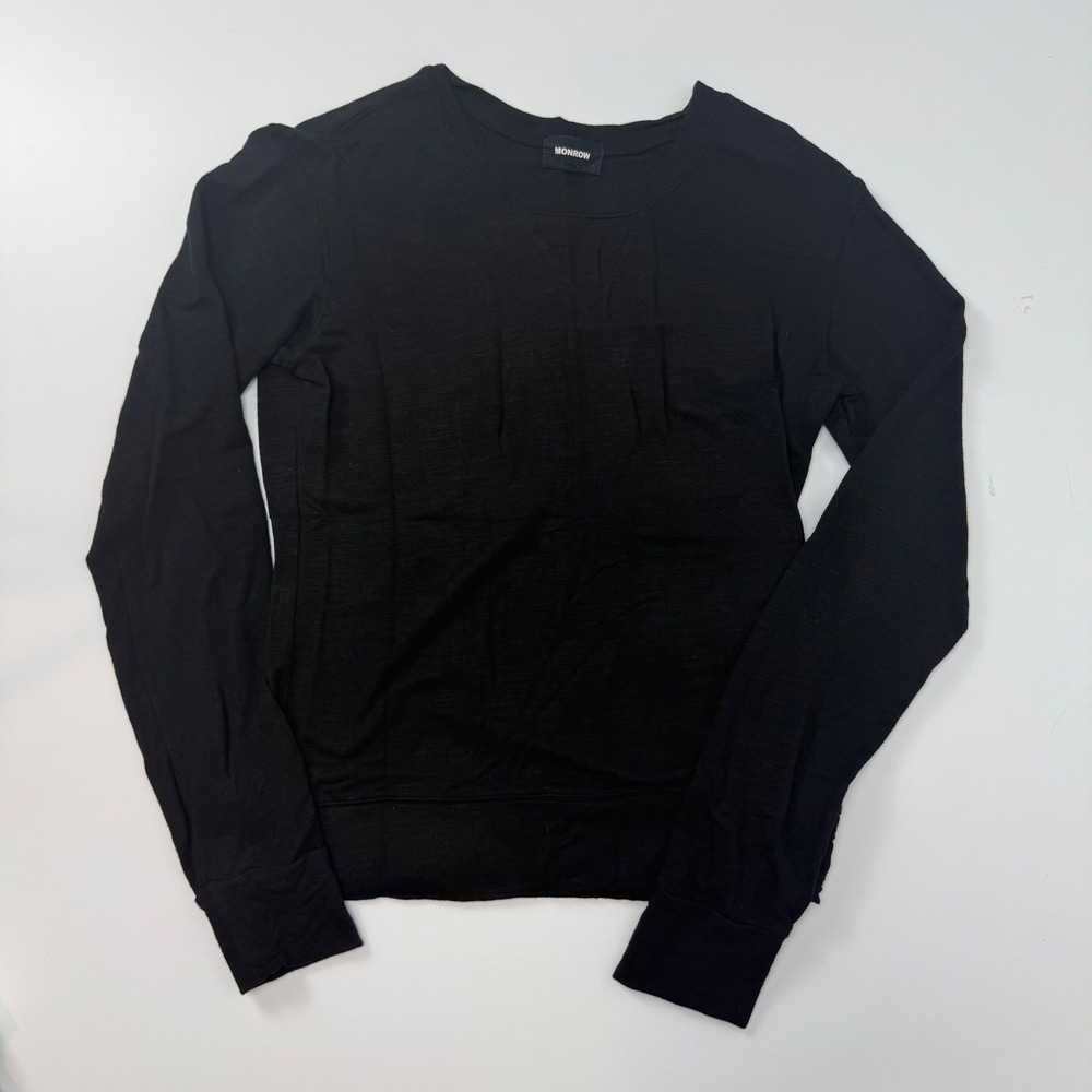 Monrow Womens Black French Terry Crewneck Sweatshirt Long Sleeve Made in USA XS
